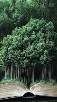 Open book with miniature forest emerging, surreal nature concept.