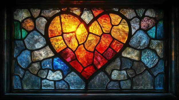 Stained glass heart with vibrant colors and textured details, artistic craftsmanship concept.