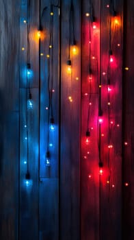 Colorful string lights on wooden wall, festive decoration concept.