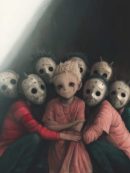 Diverse group of rebellious young adults in red uniforms and masks stand united against a dark background, showcasing unique styles and a cool vibe, embodying the essence of youth culture