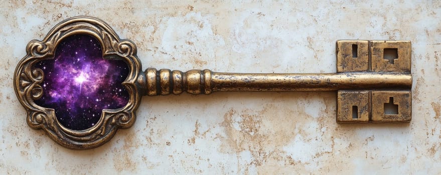Antique key with cosmic design, mystical concept.