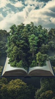 Open book with forest emerging from pages.