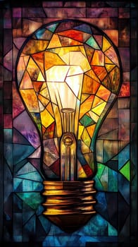 Stained glass light bulb with colorful geometric pattern.