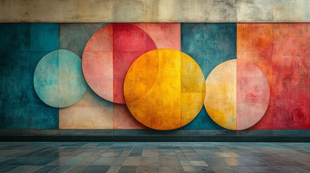 abstract geometric mural on a wall with colorful circles, modern art display.