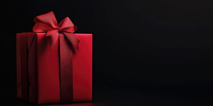 A red gift box with an elegant ribbon sits in a dark setting, symbolizing anticipation and joy for upcoming celebrations and surprises.