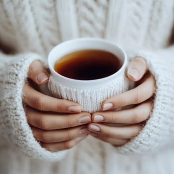 Cozy hands cradle a steaming cup of tea, wrapped in a soft sweater, evoking warmth and comfort on a chilly afternoon indoors.