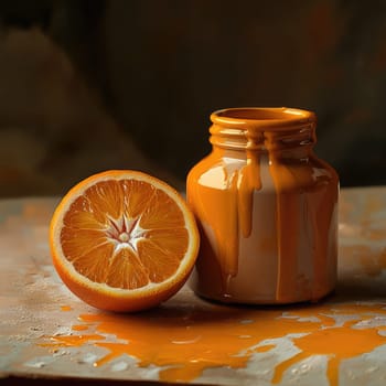 A ripe orange rests next to a jar filled with orange paint, showcasing a bright, colorful contrast against a textured background in gentle light.