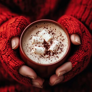 A pair of hands in red knitted gloves cradles a warm cup of hot chocolate adorned with marshmallows, perfect for a cozy winter day.