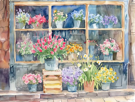 A charming display of brightly colored flowers fills a shop window, featuring various pots with tulips, daisies, and other spring blooms, creating an inviting atmosphere.