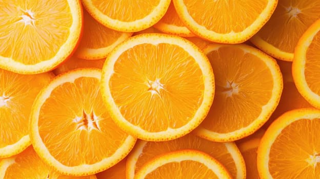 Bright orange slices are displayed closely together, showcasing their fresh, juicy texture and vibrant color under natural light, creating an appetizing arrangement.