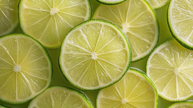 Bright and fresh lime slices are displayed in an artistic pattern, highlighting their zesty color and refreshing appeal, perfect for culinary use.