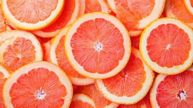 Brightly colored grapefruit slices are neatly arranged, revealing juicy, tangy segments and attractive patterns, perfect for a refreshing snack or garnish.