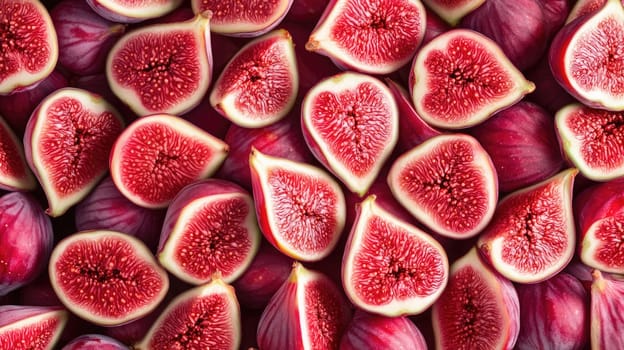 A variety of freshly sliced figs showcases their vivid pink flesh and intricate seed patterns. The arrangement reveals the fruit's texture and freshness, inviting a closer look.