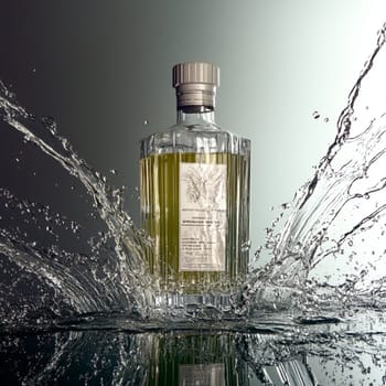 Transparent bottle filled with liquid is standing in the middle of a big splash of water, creating interesting shapes and reflections