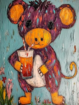 Whimsical painting of a purple monkey enjoying a refreshing beverage, with vibrant colors and a textured artistic style