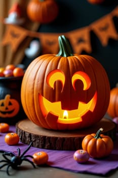 A creatively carved Halloween pumpkin radiates light, surrounded by smaller pumpkins, candies, and festive decorations on a colorful table - Generative AI