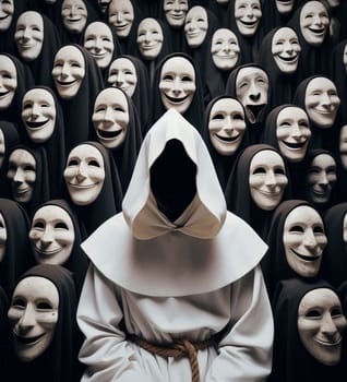A man in a white robe stands in front of a crowd of people wearing masks. The masks are all smiling, creating a sense of unity and happiness