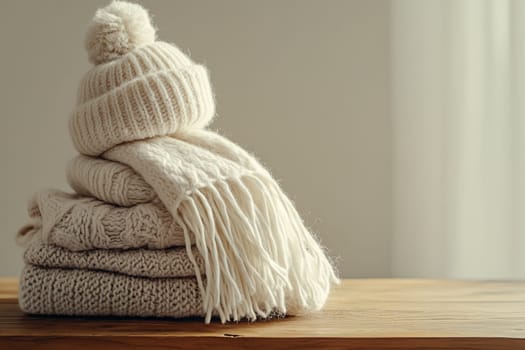 A stack of warm white winter clothes on a table. Image in light tones. High quality photo