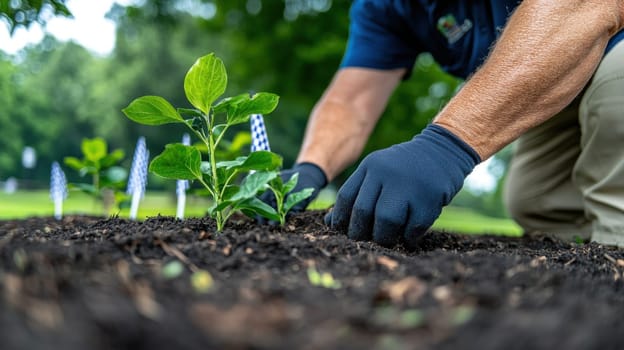Planting young plant in rich soil, person carefully tends to garden, showcasing dedication to community and nature. This event highlights importance of environmental stewardship.