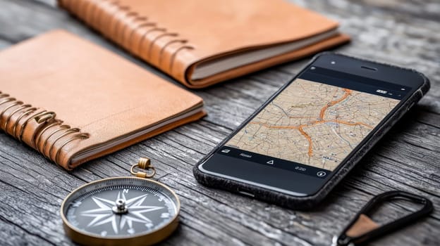smartphone displaying map rests on wooden surface alongside two leather notebooks and compass, creating sense of adventure and exploration.