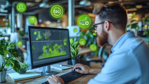Analyzing ESG data on computer, businessman focuses on sustainability metrics surrounded by greenery. modern office environment enhances productivity and innovation.