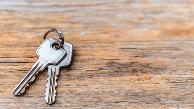 Keys on wooden table symbolize new beginnings and opportunities. They represent access to new spaces and experiences, evoking sense of excitement and anticipation.