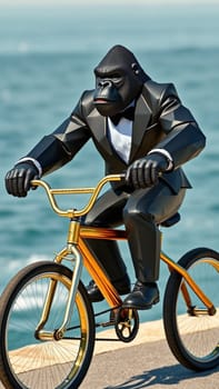 Confident gorilla in suit rides golden bike by the sea, blending elegance with humor, symbolizing success and freedom