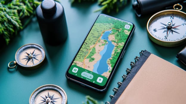 smartphone displaying detailed map is surrounded by compass, bottle, and notebook, creating adventurous atmosphere. This setup is perfect for outdoor enthusiasts.