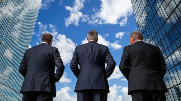 Leaders in business suits stand confidently, gazing towards bright future under clear blue sky, surrounded by modern skyscrapers. Their posture reflects determination and vision.