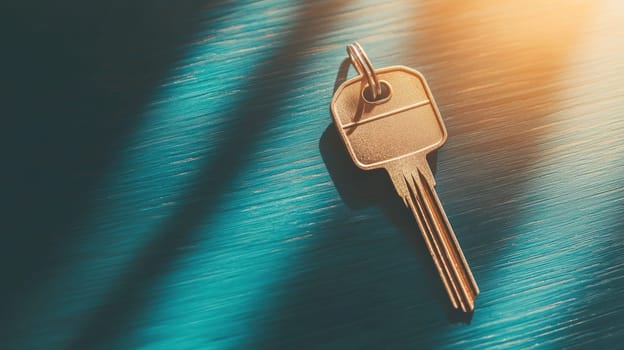 close up view of single key resting on textured surface, illuminated by warm sunlight. keys metallic finish contrasts beautifully with vibrant background, creating sense of new beginnings and.