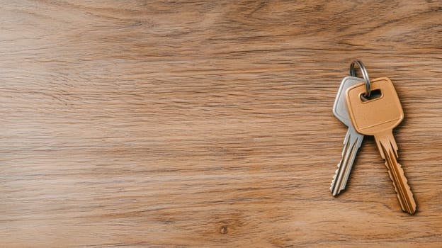 Keys on wooden table, symbolizing new beginnings and fresh opportunities. simple yet elegant design evokes sense of warmth and comfort in new space.