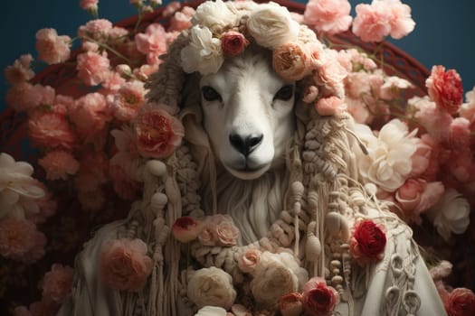 Eid Al Adha. Festival sheep beautiful with light and flower background AI Generative