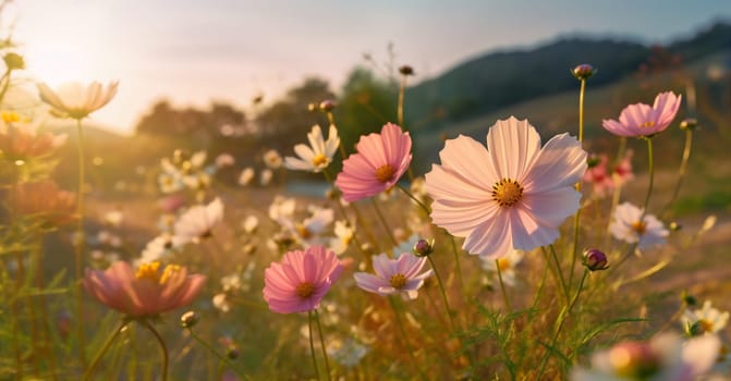 environment fresh meadow season flower green background rural landscape beautiful petal blooming vintage violet pink sunset pretty pastel color field nature. Generative AI.