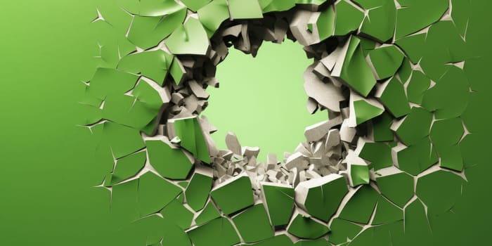 Breaking out of a hole in solid Green wall, torn hole, empty copy space frame, mockup. Generative AI image weber.