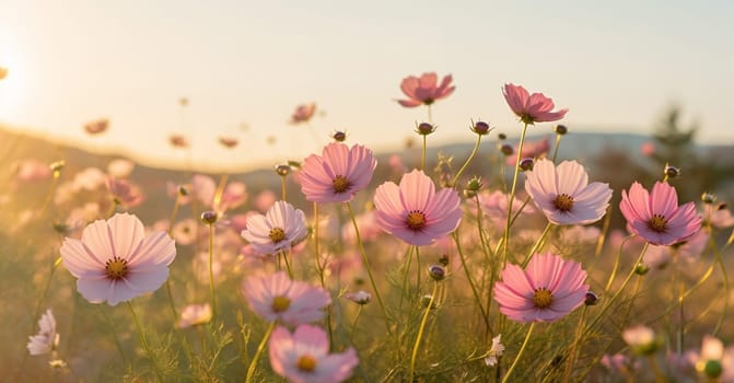 outdoor beautiful flower field rural season garden autumn nature natural violet cosmos blooming meadow background countryside pink sunset wild summer fresh. Generative AI.