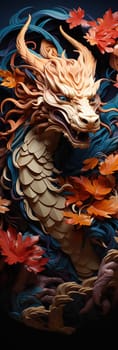Japanese dragon, in the style of detailed multi-layered compositions, colorful wood carvings, intricate floral arrangements, close-up, colorful bright bookmark. ai generative art