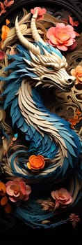 Japanese dragon, in the style of detailed multi-layered compositions, colorful wood carvings, intricate floral arrangements, close-up, colorful bright bookmark. ai generative art