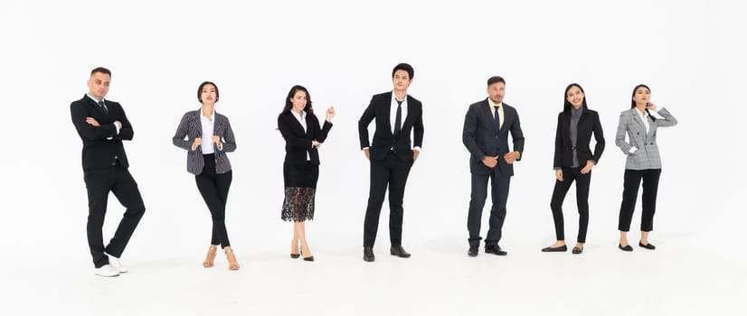 Full body portrait of many business people on white background wearing formal business suit in studio collection . Jivy