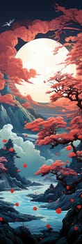 Japanese landscape, in the style of detailed multi-layered compositions, close-up, colorful bright bookmark. ai generative art