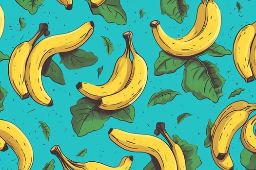 isolated leaf fresh summer food ingredient print blue background sweet banana yellow vegan natural pattern object delicious exotic trendy bright fruit. Generative AI.
