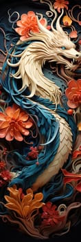 Japanese dragon, in the style of detailed multi-layered compositions, colorful wood carvings, intricate floral arrangements, close-up, colorful bright bookmark. ai generative art