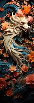 Japanese dragon, in the style of detailed multi-layered compositions, colorful wood carvings, intricate floral arrangements, close-up, colorful bright bookmark. ai generative art