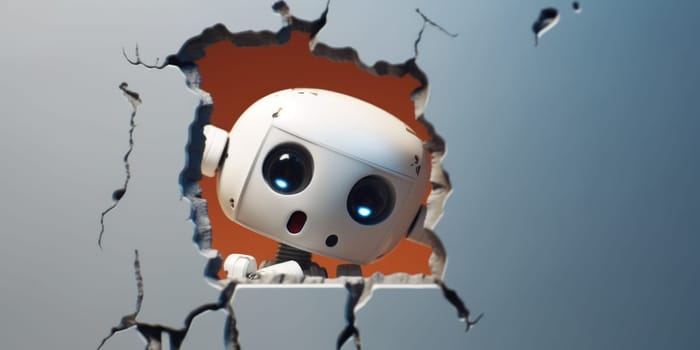 Cute robot toy peeking out of a hole in wall, torn hole, empty copy space frame, mockup. Generative AI image weber.