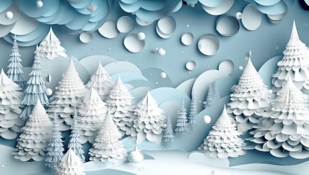 blue card merry nature illustration snowflakes winter christmas tree poster landscape origami art greeting tree paper decorative christmas forest background cut celebration. Generative AI.