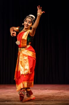 CHENNAI, INDIA - SEPTEMBER 28, 2009: Bharata Natyam dance performed by female exponent on September 28, 2009 in Chennai, India. Bharatanatyam is a classical Indian dance form originating in Tamil Nadu state