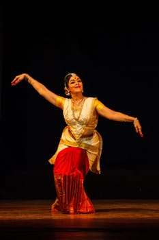 CHENNAI, INDIA - AUGUST 31, 2009: Bharata Natyam (Bharatanatyam - classical Indian dance) performance on August 31, 2009 in Chennai, Tamil Nadu, India. Exponent plays Draupadi character of Mahabharata epic