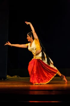 CHENNAI, INDIA - AUGUST 31, 2009: Bharata Natyam (Bharatanatyam - classical Indian dance) performance on August 31, 2009 in Chennai, Tamil Nadu, India. Exponent plays Draupadi character of Mahabharata epic