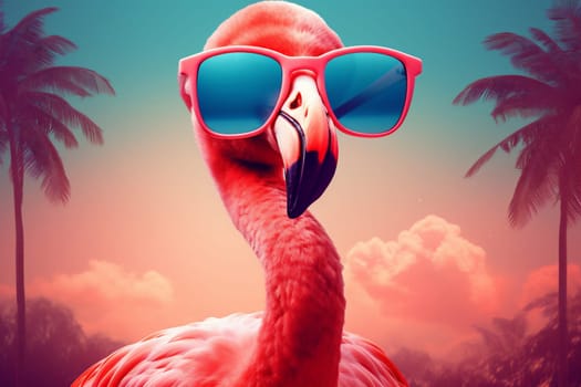 pink fun exotic wild tropical leisure flamingo feather bird cartoon float summer trendy animal glasses paradise colourful hipster sunglasses party. Generative AI.