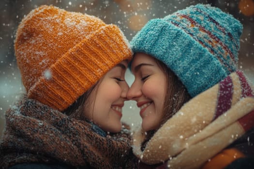 Two women standing very close to each other, looking at each other's faces, hugging, laughing. Female friendship. Portrait of two women outdoors in winter. High quality photo