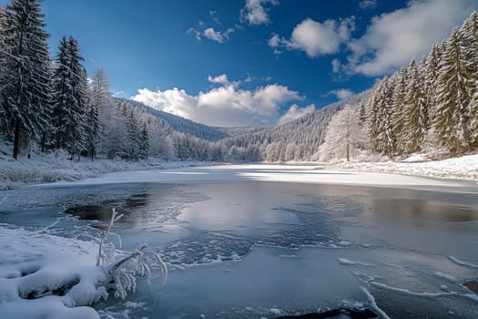 Mountain lake in early spring, thaw, drifting ice. High quality photo